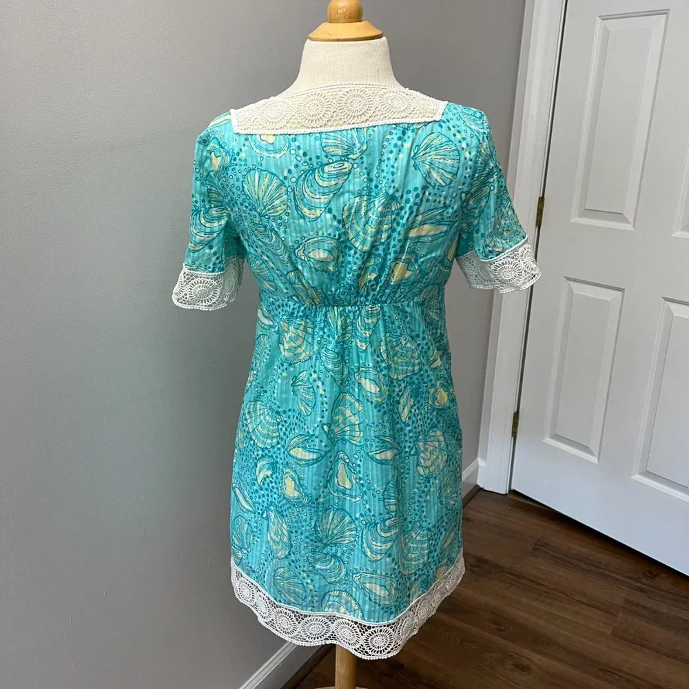 Lilly Pulitzer Aqua Seashell Print Crochet Lace Dress Sz S